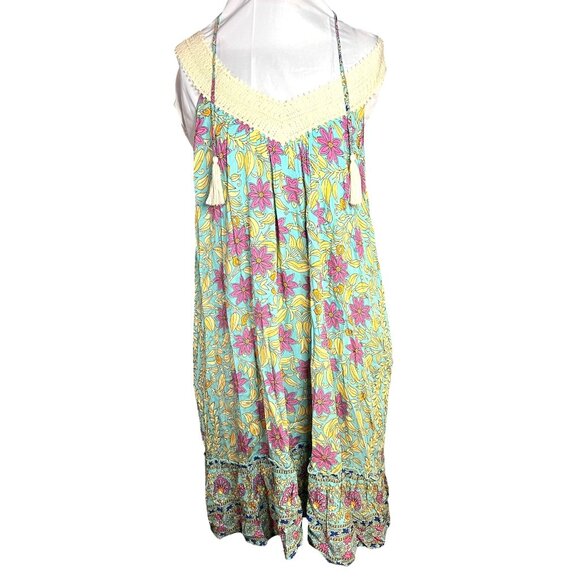 Floral Boho Sleeveless Sundress With Crochet Straps & Tassels - Picture 1 of 4